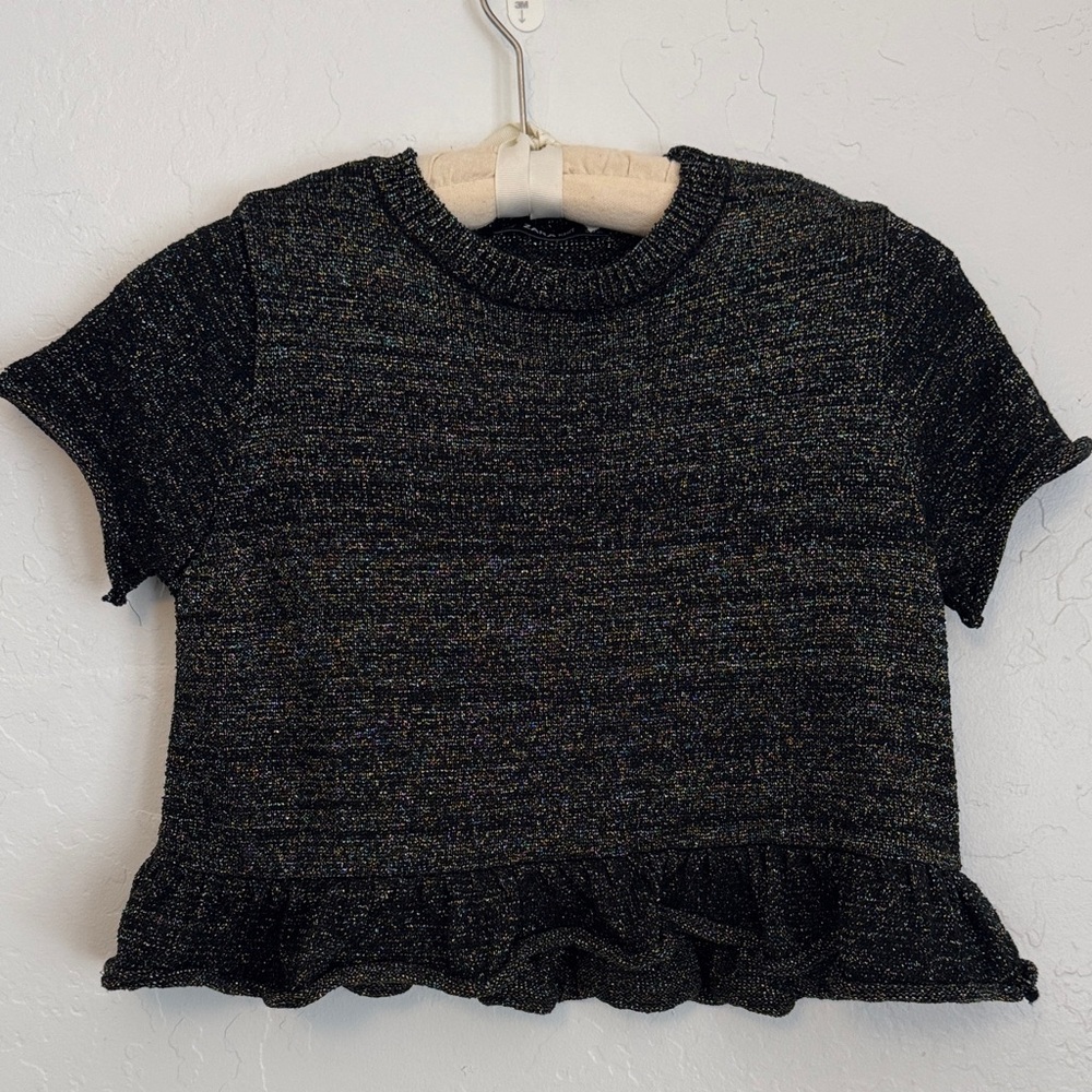 Zara Sparkly Black Ruffle Hem Top Tee Shirt